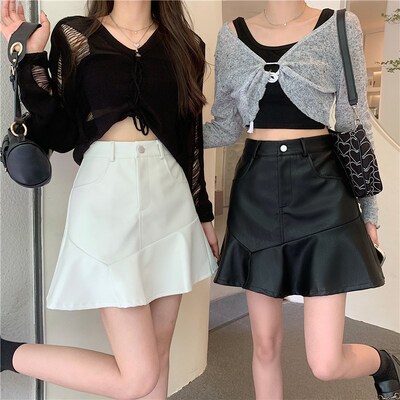 大码高腰鱼尾pu皮裙半身裙女秋季胖mm遮肚显瘦小个子a字包臀短裙