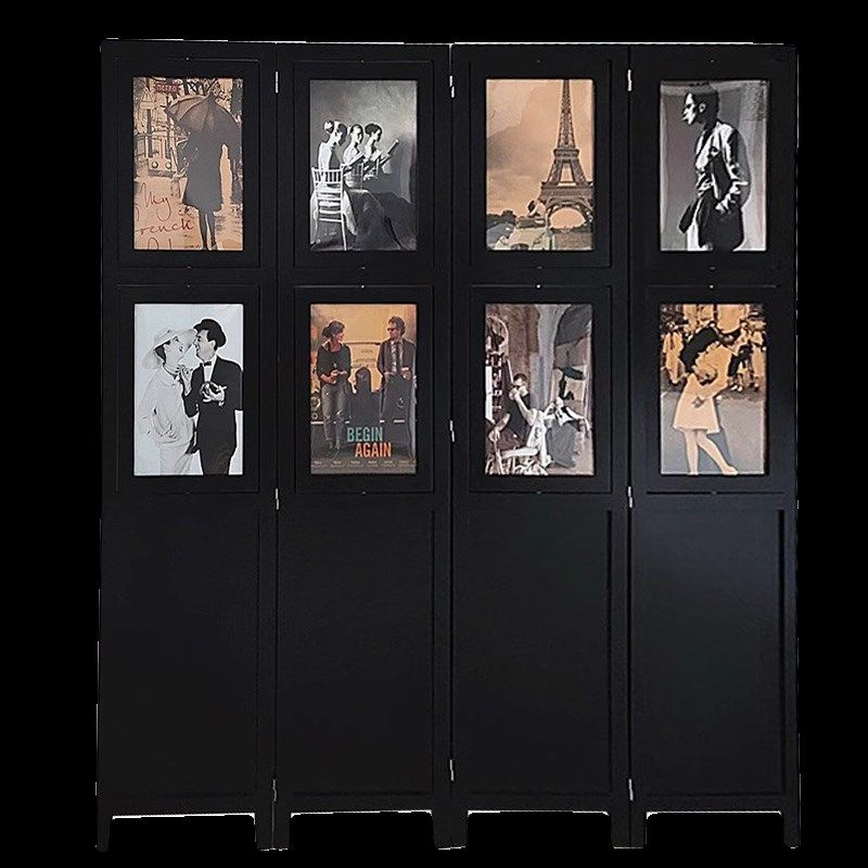 北欧简约实木客厅玄关隔断橱窗黑色中式高端折叠移动木质相框屏风