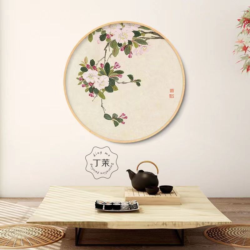 新中式玄关装饰画圆形实木挂画石榴壁画客厅餐厅酒店书房茶室国画图片