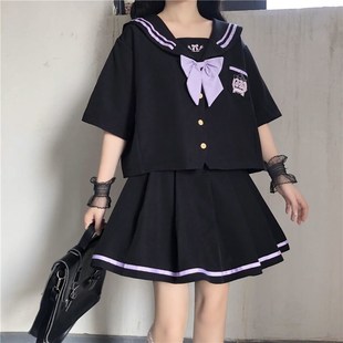 高腰百褶半身裙 胖MM大码 夏季 宽松水手服女jk翻领蝴蝶结短袖 衬衫