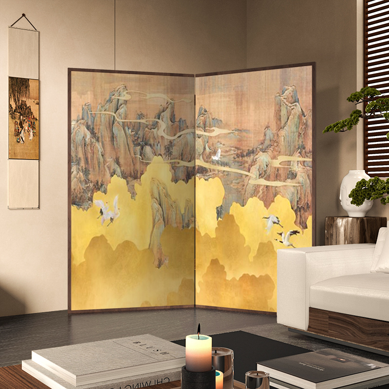 中式古典山间飞鹤实木屏风隔断玄关办公室茶室背景墙折叠客厅折屏