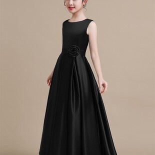 中大童高端乐团黑色缎面演出服大小提琴演奏礼服女童钢琴表演比赛