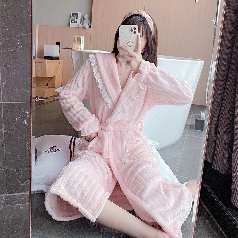 粉色睡袍冬款女秋冬季长款女款加绒加厚珊瑚绒睡衣裙浴袍揭阳网红