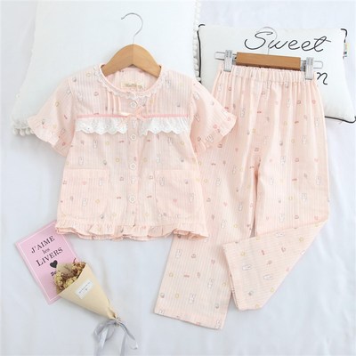 夏季纯棉纱布薄女童睡衣套女孩短袖长裤全棉亲子装儿童空调家居服