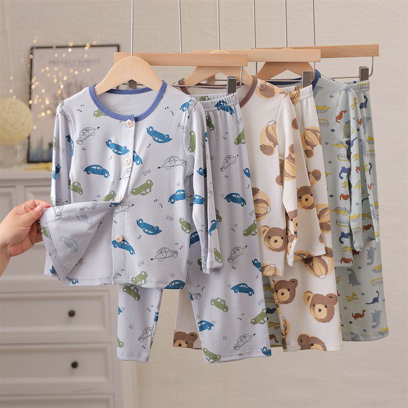 棉莫螺纹儿童睡衣睡裤男童长袖开衫套装中大童舒适家居服秋衣卫生