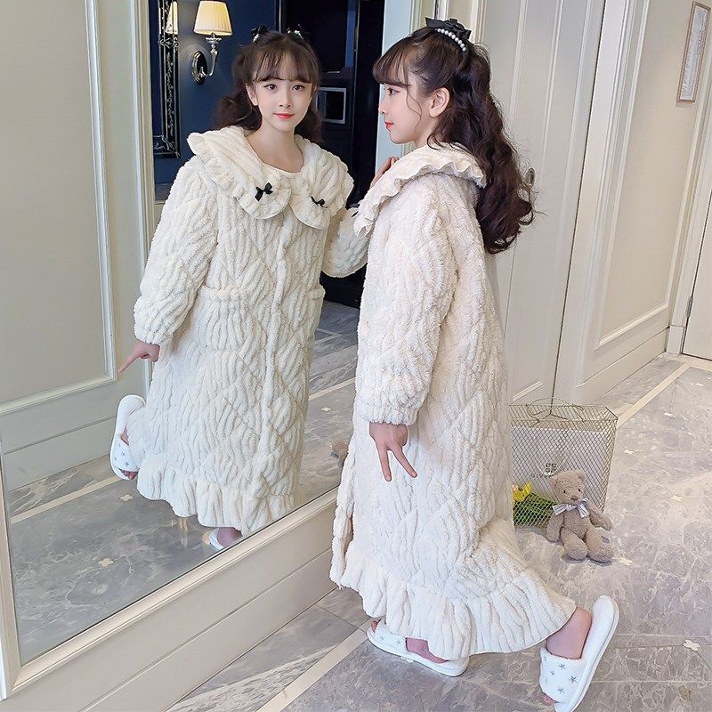 儿童睡袍冬季三层夹棉睡衣法兰绒加厚小孩女童米白保暖珊瑚绒浴袍