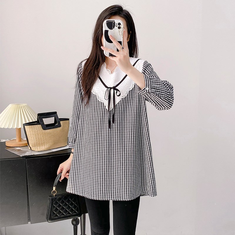 2025时尚款孕妇装黑白格子大V领孕妇裙秋装孕妇装中长上衣打底衫