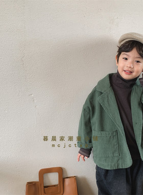 儿童新款秋装2022男童纯色全棉西装中小童森系复古外套大衣小西服