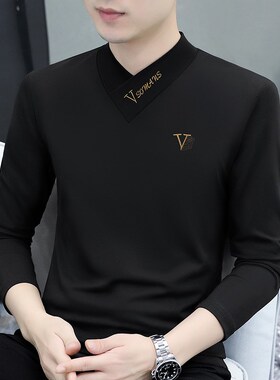 男装2024新i款秋季长袖t恤男V领纯棉修身秋衣外穿潮流打底衫内搭