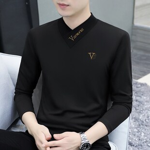男装2024新i款秋季长袖t恤男V领纯棉修身秋衣外穿潮流打底衫内搭