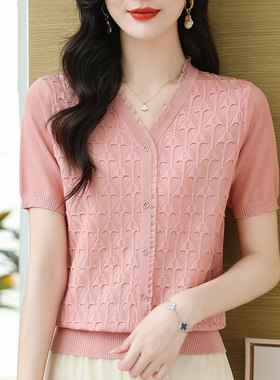 中年短袖t恤女2024新款妈妈装宽松蕾丝打底衫夏季v领针织冰丝上衣