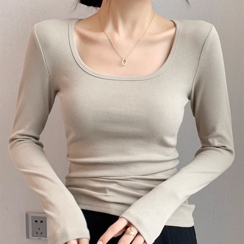 螺纹打底衫女2024秋冬新款修身显瘦纯色简约内搭U领长袖T恤上衣