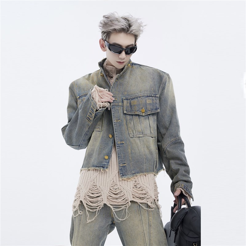 美式短款牛仔外套男 废土风重磅水洗做H旧男生立领烫金破坏夹克潮