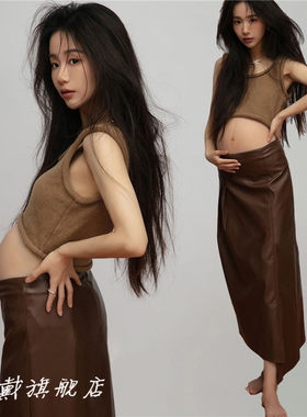 影楼孕妇拍照主题服装新款中式复古修身皮裙半身裙孕妈写真艺术照