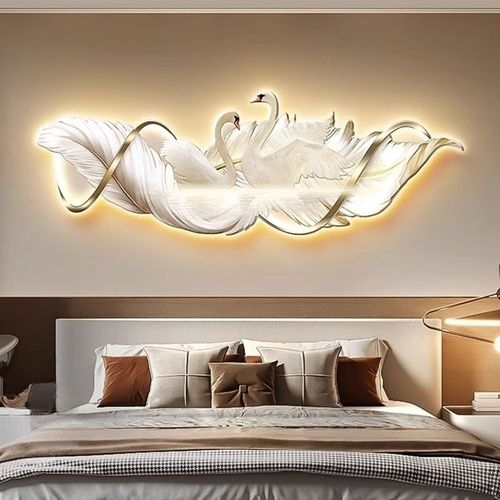 带灯天鹅主卧婚房卧室床头氛围灯画轻奢高级感装饰画羽毛客厅LED