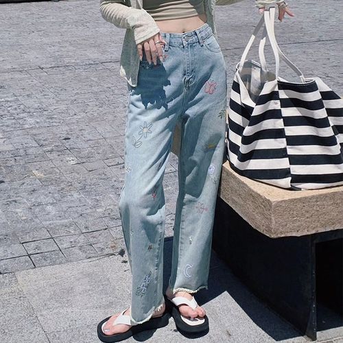 300斤大码女装胖mm宽松高腰牛仔裤女设计感刺绣毛边直筒九分裤子