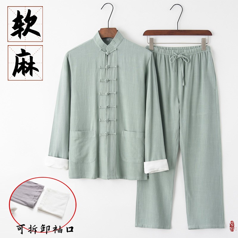 男士唐装中国风复古盘扣亚麻套装棉麻G休闲夏装春秋外套长裤两件