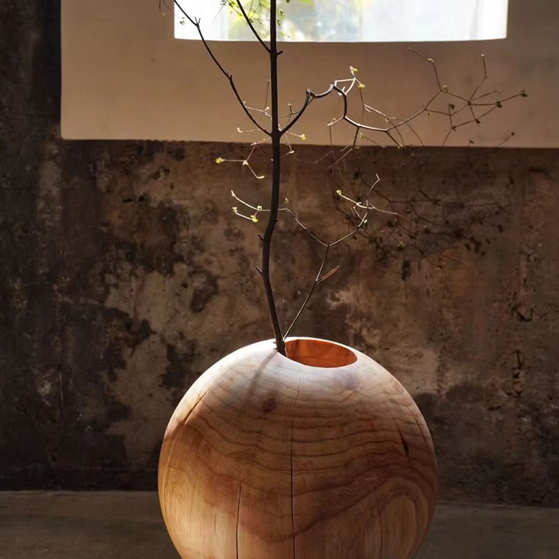 实木圆形花瓶禅意花器民宿侘寂风碳化创意圆球形落地摆件网红装饰