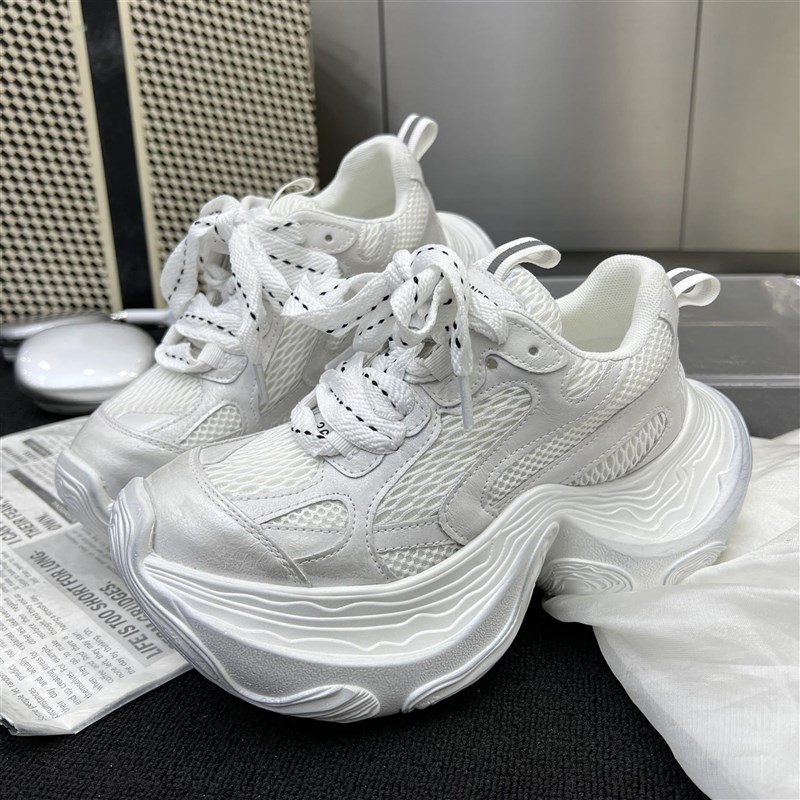 新款时尚擦色松糕老爹鞋女厚底网面透气百搭真皮增高运动休闲鞋风