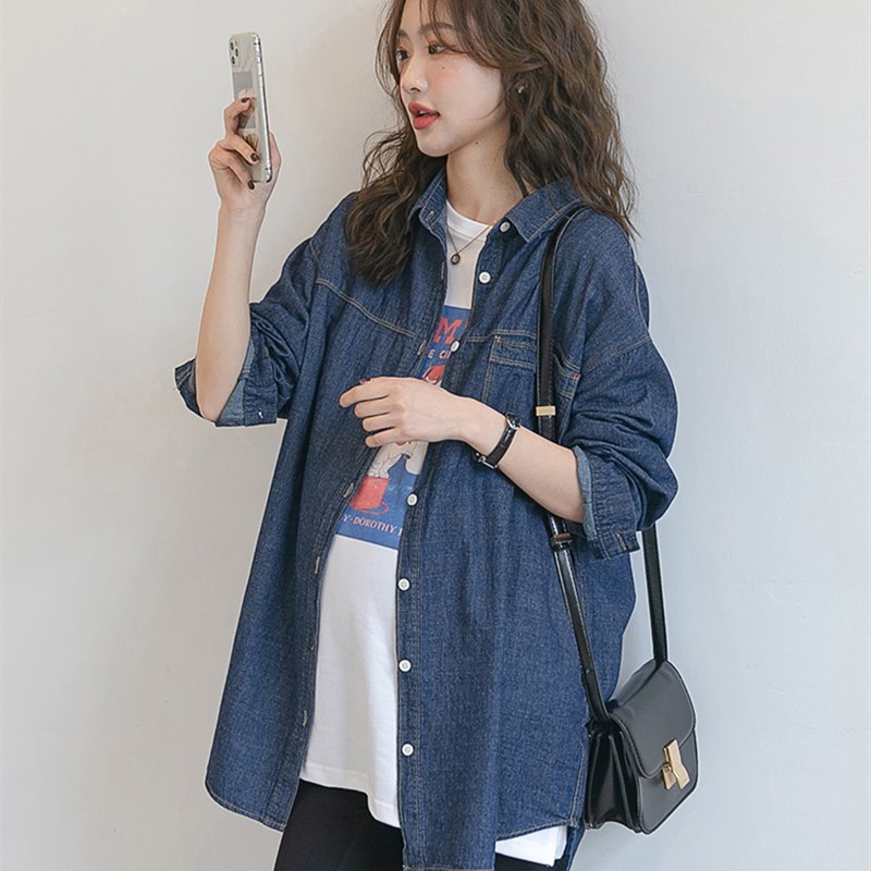 孕妇装春秋季新款宽松款洋气牛仔长袖衬衫早潮妈外出长袖上衣外套
