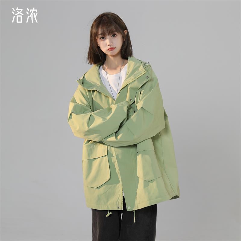 洛浓无性别秋季连帽冲锋衣男女工装外套风衣夹P克宽松大码防水学