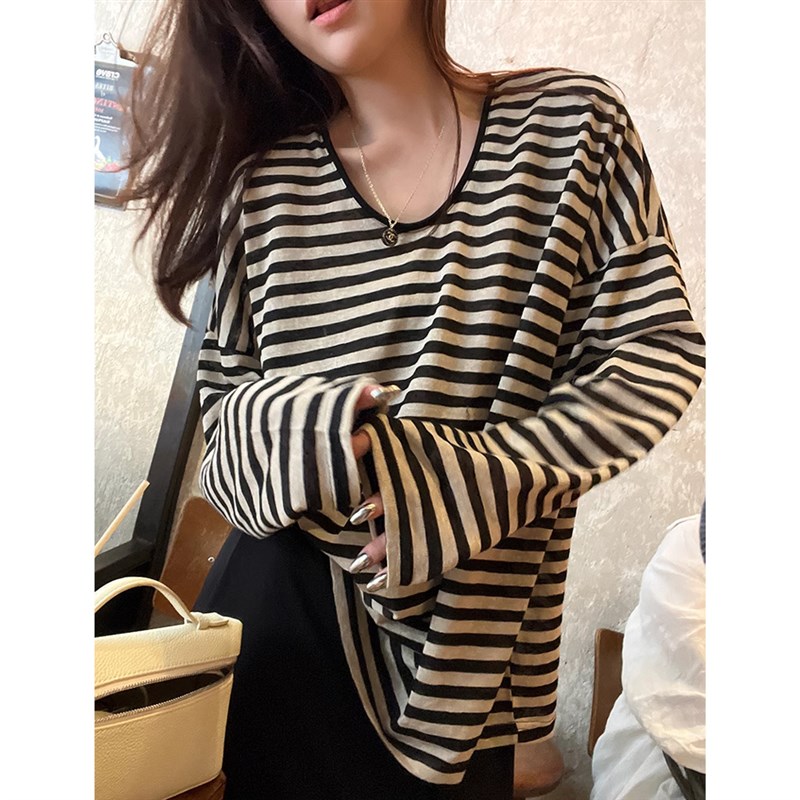 孕妇装上衣秋装202n4新款慵懒风宽松圆领显瘦条纹长袖T恤罩衫春秋