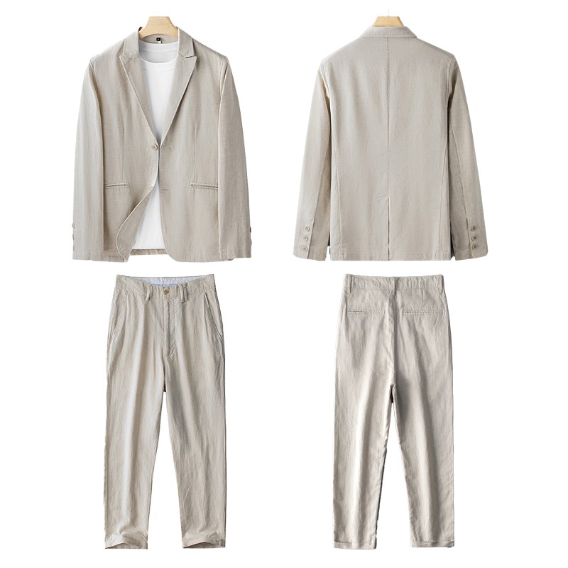 男式亚麻西服套装夏季薄款麻料z春秋款宽松休闲棉麻西装两件套男