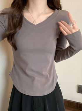 v领长袖t恤外出哺乳衣打底衫女春秋新款修身显瘦短款内搭喂奶上衣