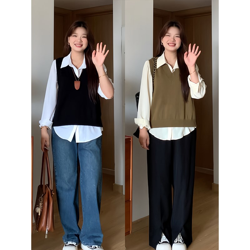 微胖的喵喵 春季显瘦宽松休闲百搭针织马甲长袖衬衫大码套装 2158