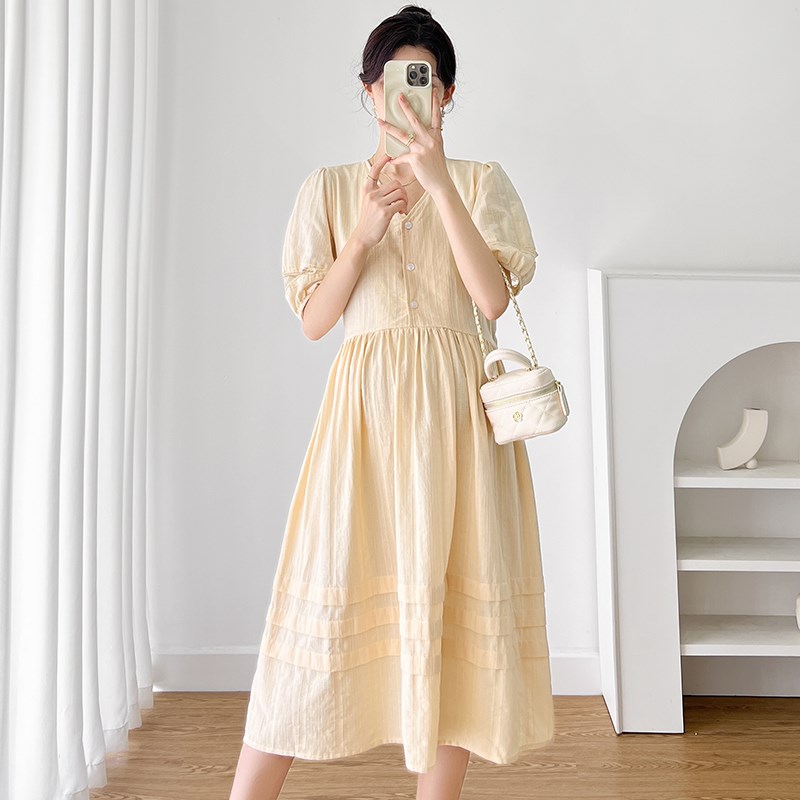 孕妇装夏装小清新短袖V领连衣裙2025新款孕妇裙夏季简约怀孕裙子