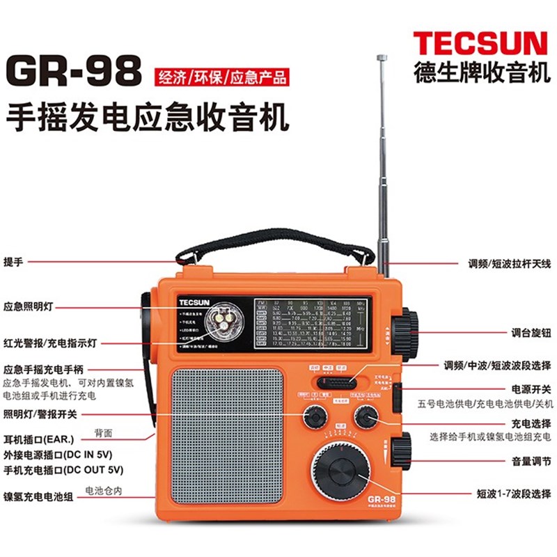德生GR-98 手摇发电家庭应急收音机DSP全波段应急手机充电照明灯