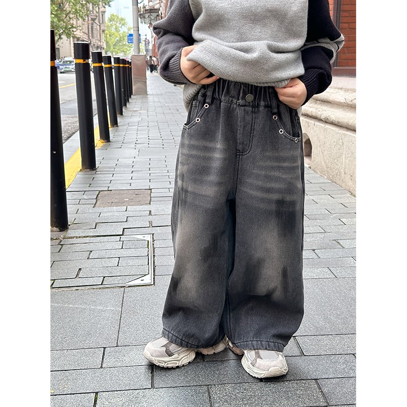 依依妈男童加绒牛仔裤儿童冬装宝宝加厚奥粒绒做旧直筒宽松休闲裤