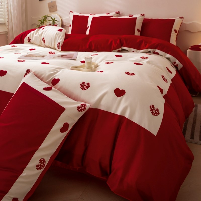 中式婚庆喜被四件套高级感新婚婚房红色被套牀单女方陪嫁牀上用品