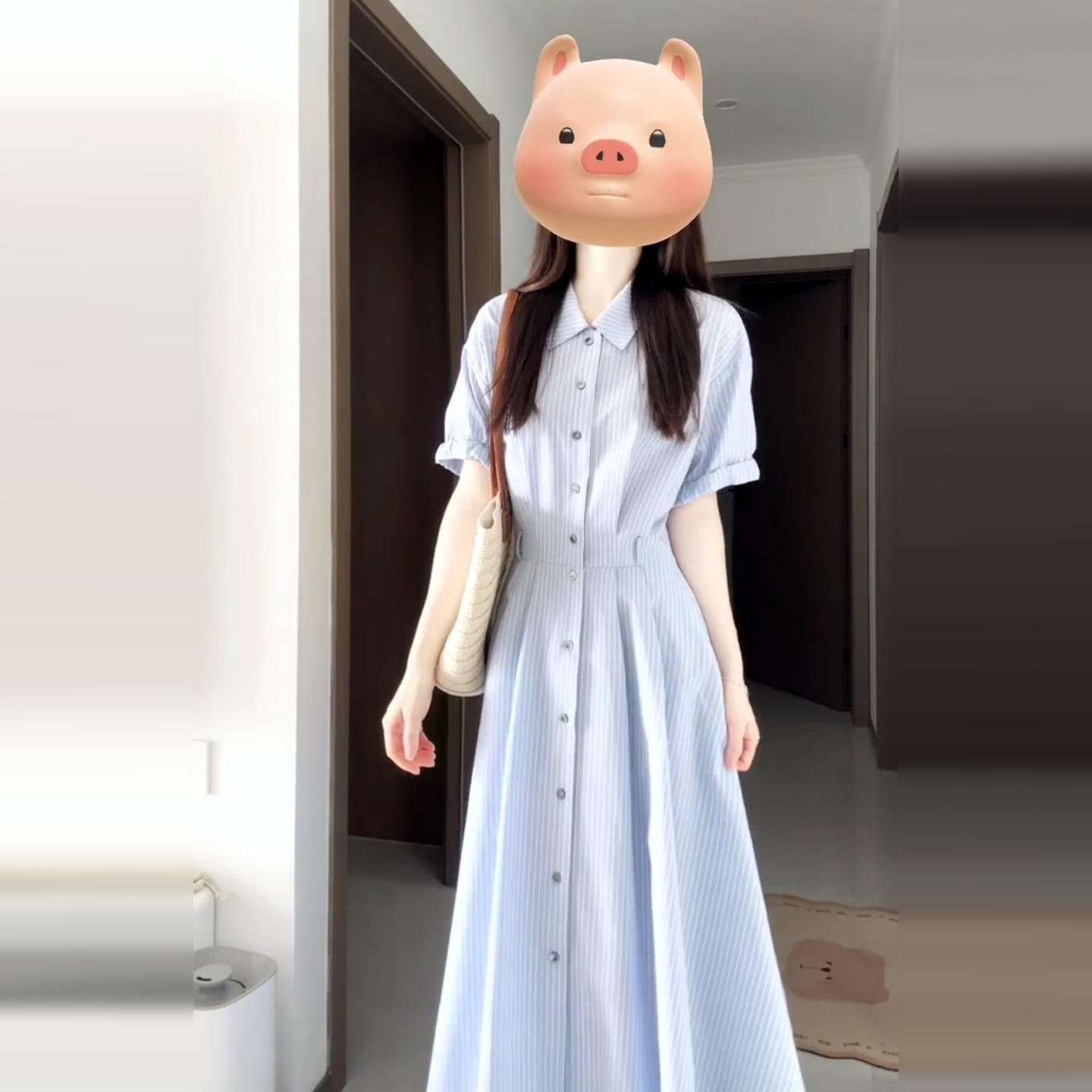 蓝色条纹衬衫连衣裙子女夏季2025年新款今年流行爆款收腰显瘦长裙