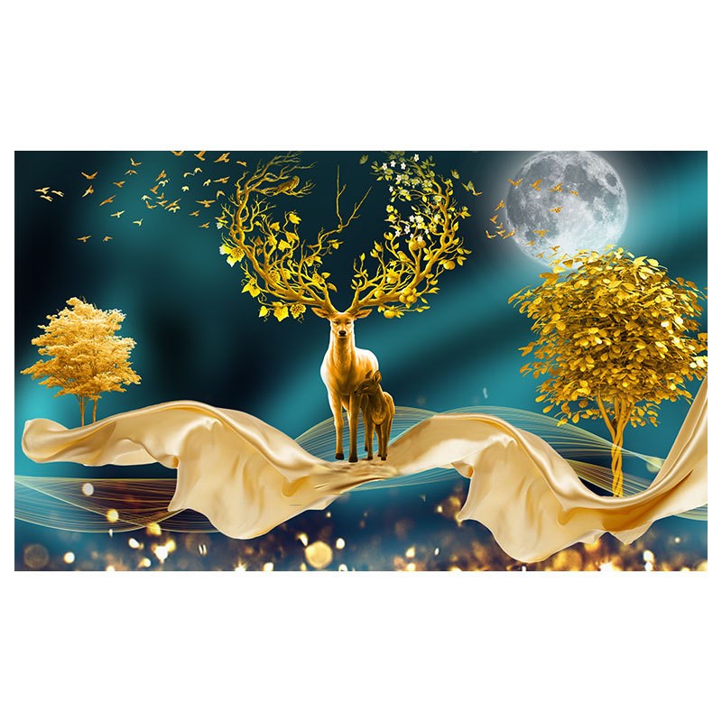 发财麋鹿电视背景墙壁纸装饰客厅墙画自粘立体壁画3d中式影视墙纸图片