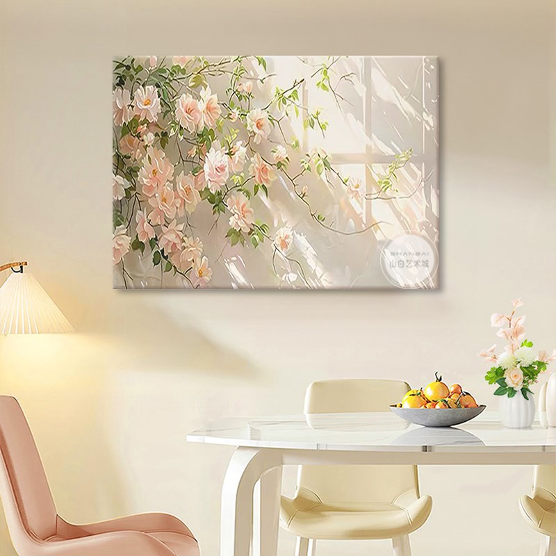 奶油风蔷薇花纯手绘油画餐厅客厅装饰画房间摆画卧室床头玄关挂画图片