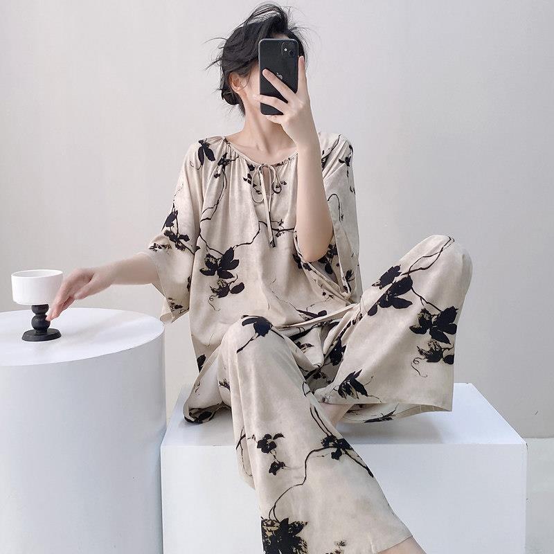 2025新款妈妈棉绸睡衣女士夏季短袖长裤加大码胖mm绵绸人造棉套装