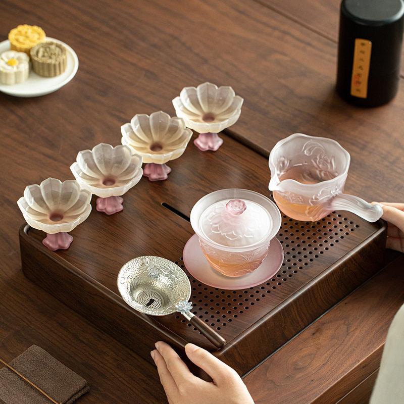 磨砂琉璃玻璃茶具套装盖碗茶杯公道杯茶漏茶盘全套居家功夫泡茶