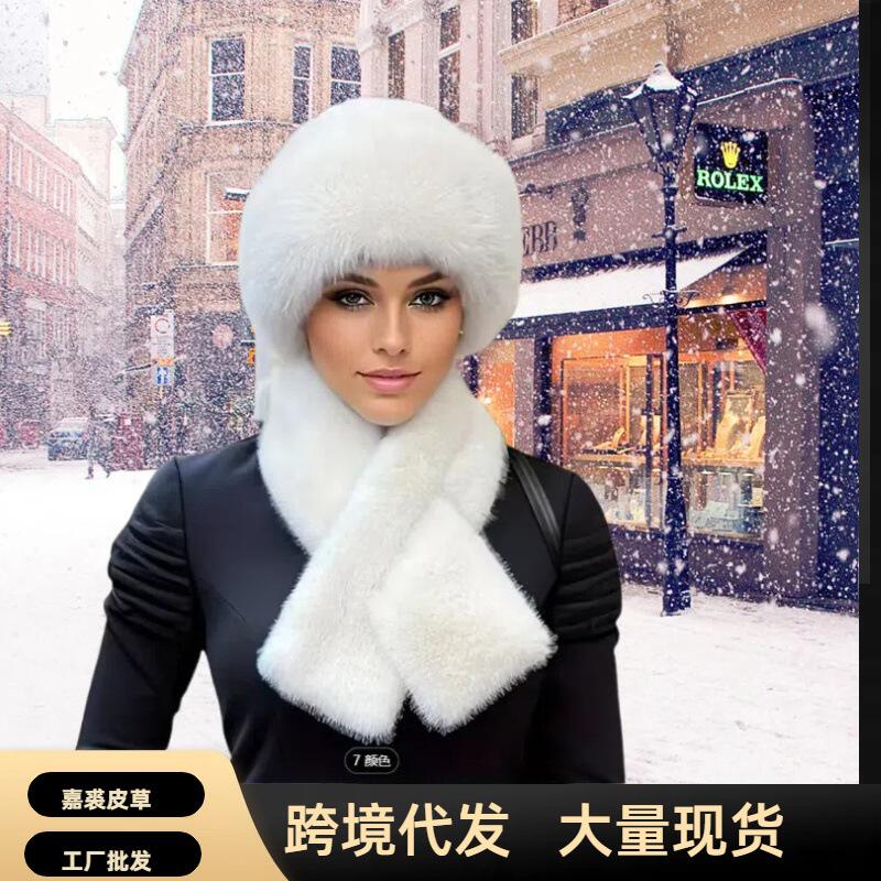 冬季围巾蒙古帽毛绒帽子女士加厚保暖时尚显脸小仿貂毛防风套装
