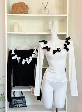 Pinks0ya粉豆子 甜美蝴蝶结U领T恤女春季新款修身显瘦打底衫上衣