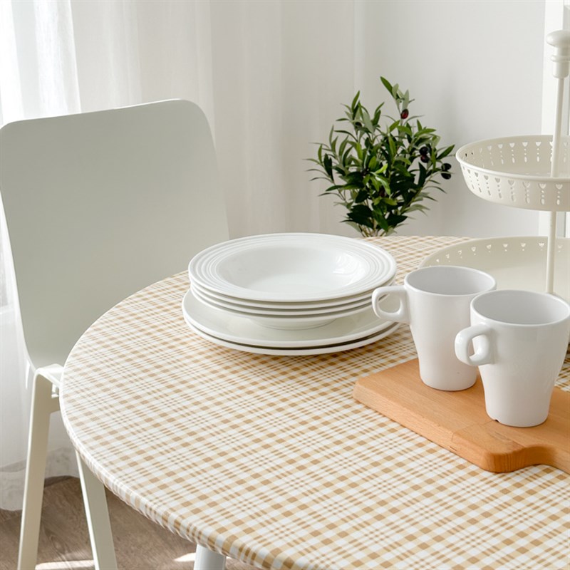 格子防水防油免洗防滑圆桌布大小圆形全包裹桌垫茶几布现代