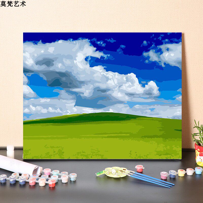 数字油画diy手工填充内蒙古大草原手绘蓝天白云俊马涂色油彩画画