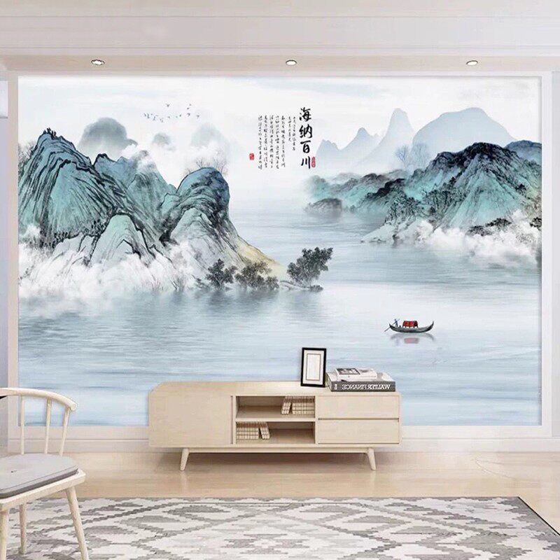 新山水电视背景壁纸办公室书房水墨意境装饰壁画客厅墙纸