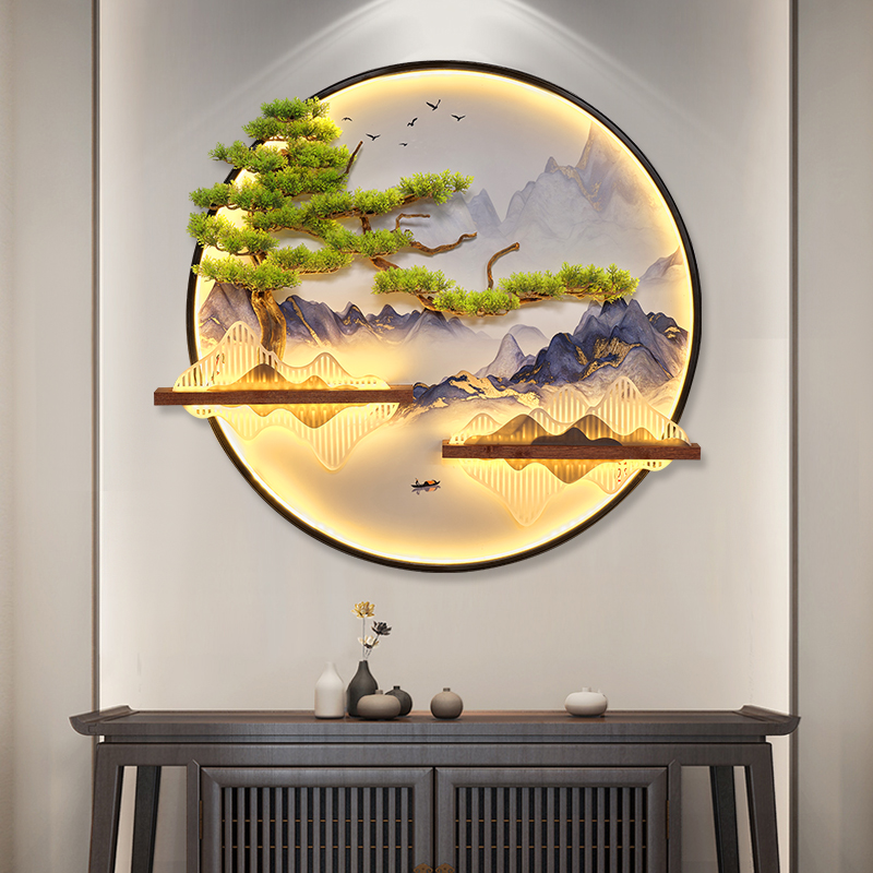 新中式迎客松壁挂客厅q玄关装饰挂画创意酒店背景墙上圆形壁饰挂图片