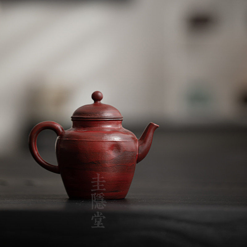 圭隐堂侘寂风粉引山楂红泡茶壶复古粗陶单壶手工过手抓壶