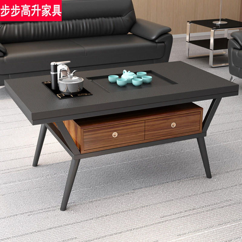 办公室功夫茶几现代火烧石茶几带柜子泡茶茶几茶台全自动上水