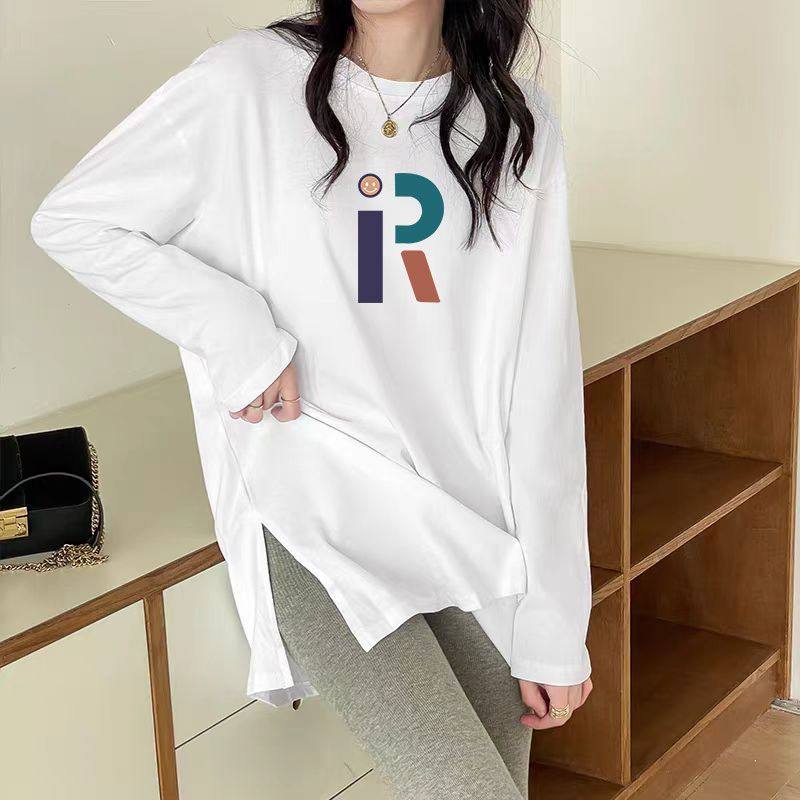 白色纯棉开叉长袖t恤女秋冬季时尚简约宽松ins中长款打底衫女上衣