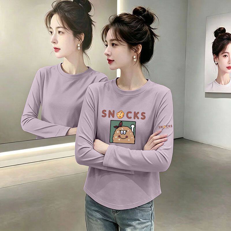 纯棉长袖显瘦弧形下摆女T恤
