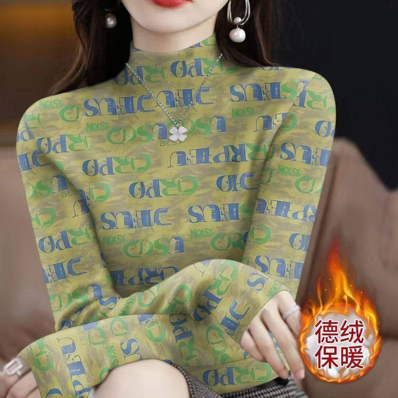 秋冬季半高领德绒打底衫女洋气宽松大码印花保暖长袖T恤女士上衣