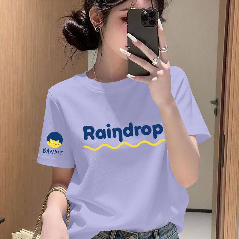 时尚圆领短袖纯棉t恤女夏季休闲简约通勤洋气宽松大码显瘦上衣女